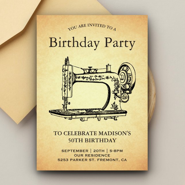 Invitation Fête d'anniversaire avec une machine à coudre vint (Créateur téléchargé)