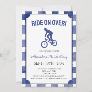 Invitation Fête d'anniversaire avec vélo BMX à carreaux bleus