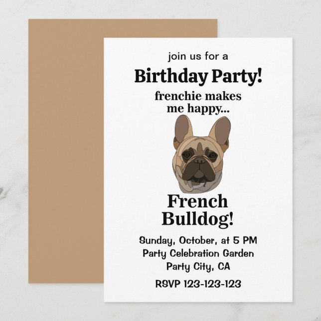 Invitation Fête d'anniversaire avec visage de Bouledogue Fran (Devant / Derrière)