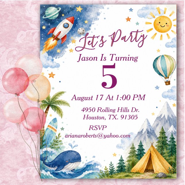 Invitation Fête d'anniversaire aventure aquarelle fantaisiste (Créateur téléchargé)