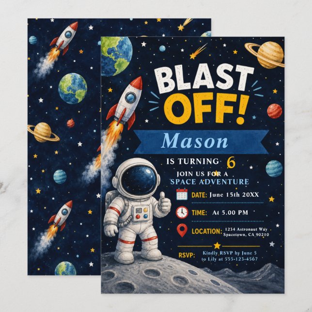 Invitation Fête d'anniversaire Aventure spatiale (Devant / Derrière)
