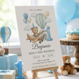 Invitation Fête d'anniversaire avion en montgolfière ours en