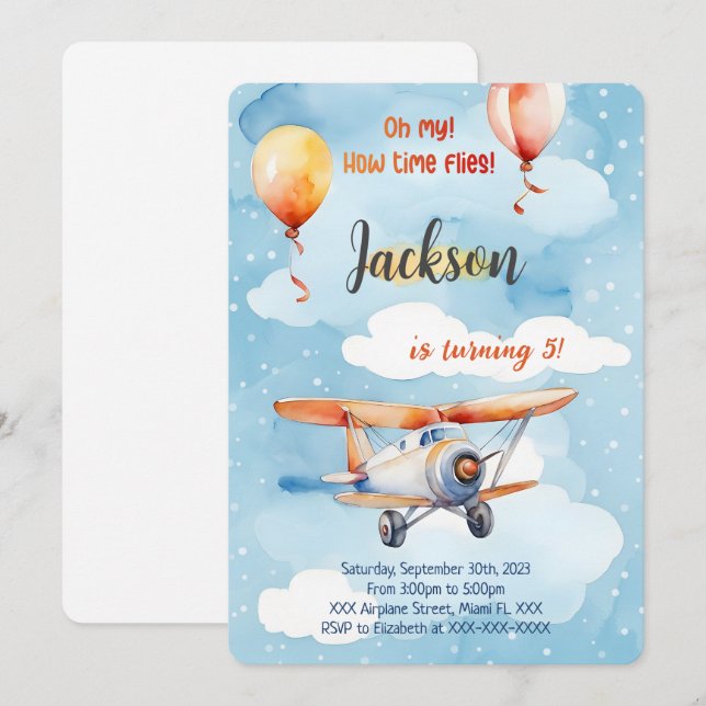 Invitation Fête d'anniversaire avion garçon (Devant / Derrière)