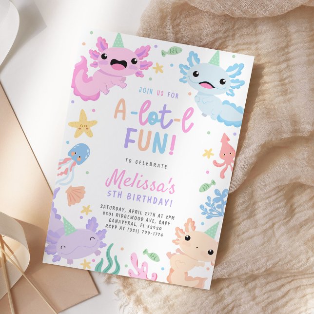 Invitation Fête d'anniversaire axolotl colorée mignonne (Créateur téléchargé)