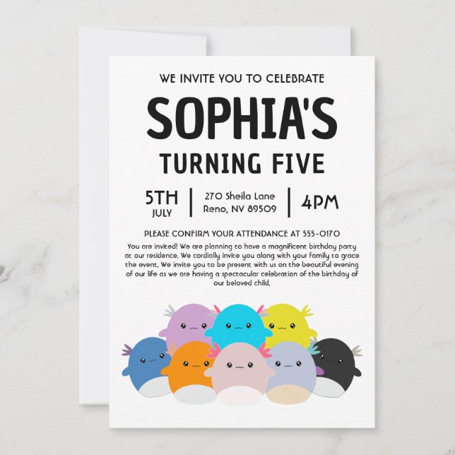 Invitation Fête d'anniversaire Axolotl Squishmallow (Devant)