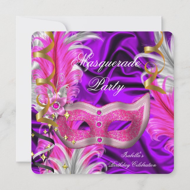 Invitation Fête d'anniversaire Bal masqué Violet Rose (Devant)