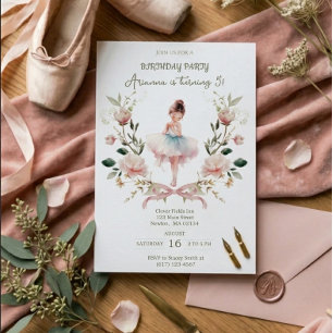 Invitation Fête d'anniversaire Ballerine aquarelle et nœud ro