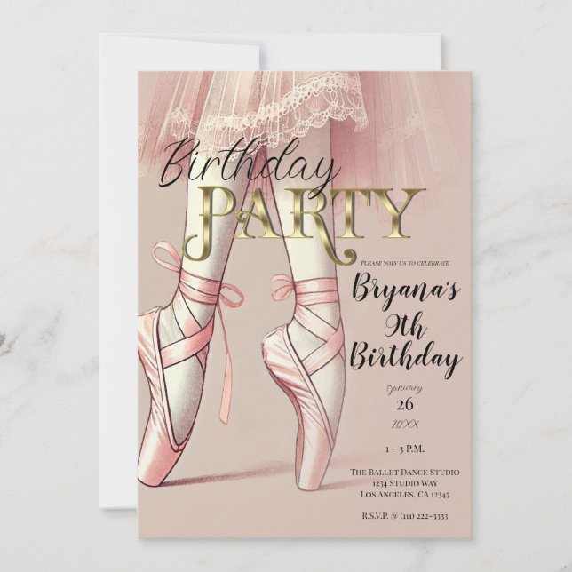 Invitation Fête d'anniversaire Ballerine rose aux pieds point (Devant)
