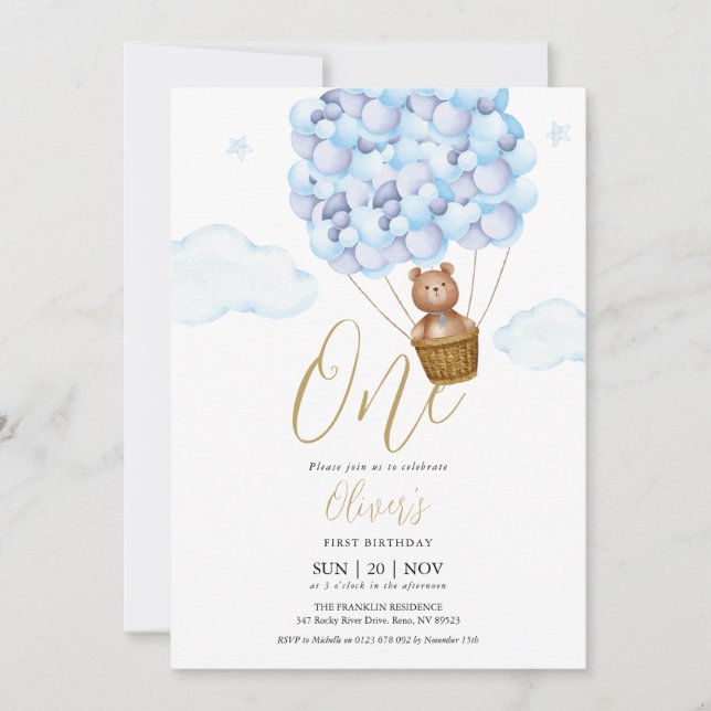 Invitation Fête d'anniversaire Ballons Bleus Ourson (Devant)