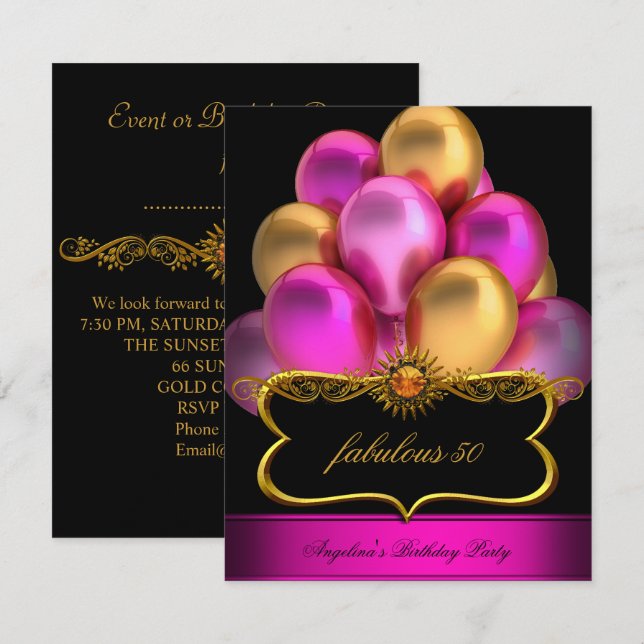 Invitation Fête d'anniversaire ballons noir or rose fabuleux (Devant / Derrière)
