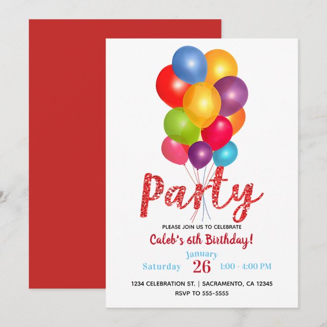 Invitation Fête d'anniversaire Ballons Paillettes Rouges (Devant / Derrière)
