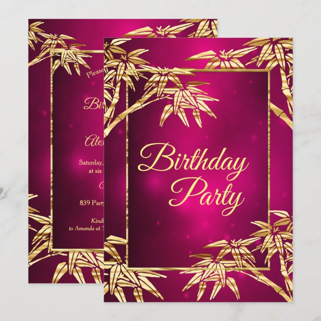 Invitation Fête d'anniversaire Bamboo Doré Rose Bourgogne (Devant / Derrière)