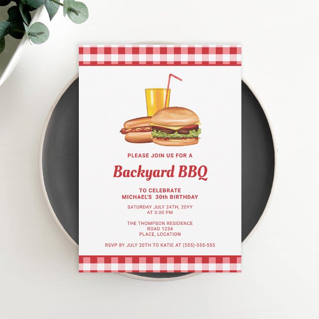 Invitation Fête d'anniversaire barbecue de jardin avec hambur (Ideal for birthday parties, backyard barbecues, reunions or picnics, for example.)