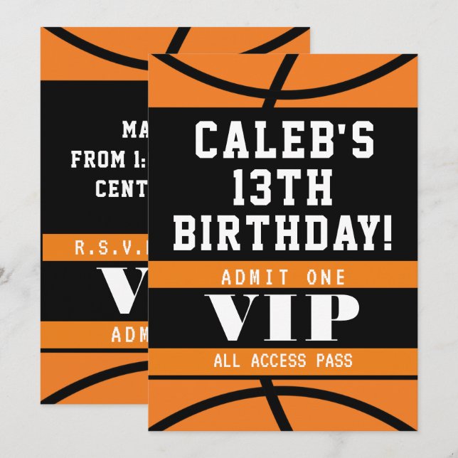 Invitation Fête d'anniversaire Basketball Noir Orange (Devant / Derrière)