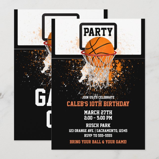 Invitation Fête d'anniversaire Basketball & Panier de Sport (Devant / Derrière)