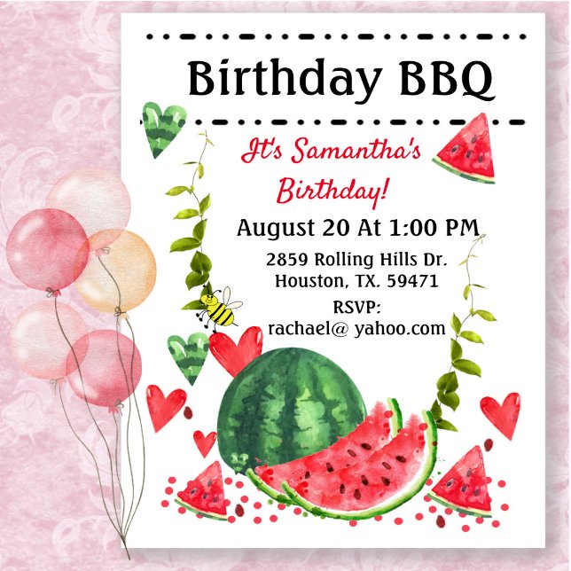 Invitation Fête d'anniversaire BBQ au melon d'été (Créateur téléchargé)