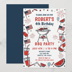 Invitation Fête d'anniversaire BBQ du 4 juillet dessinée à la
