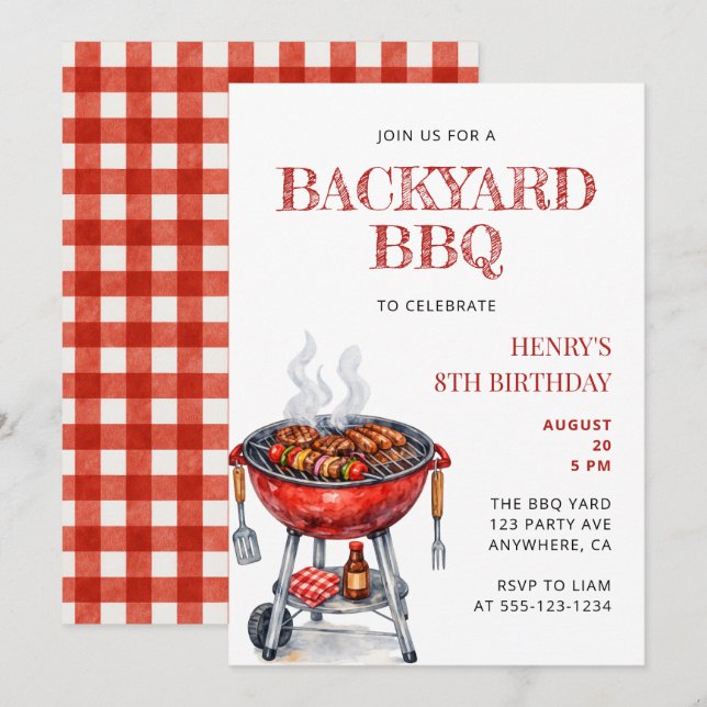 Invitation Fête d'anniversaire BBQ pour enfants en été (Devant / Derrière)