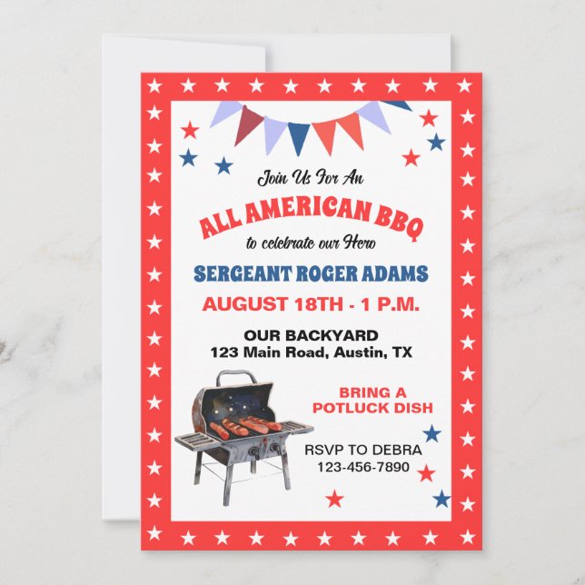 Invitation Fête d'anniversaire BBQ pour votre héros militaire (Devant)