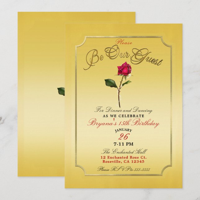 Invitation Fête d'anniversaire Beauté Rose Rouge Or Jaune (Devant / Derrière)