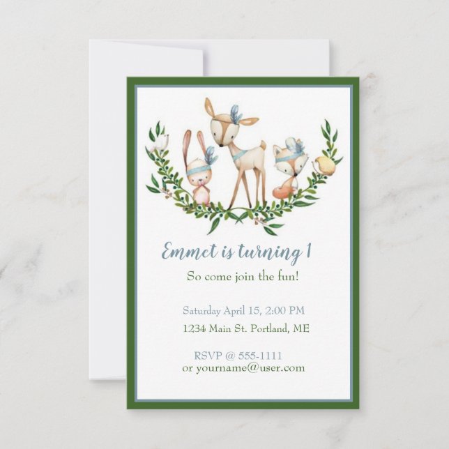 Invitation Fête d'anniversaire bébé cerf aquarelle mignonne (Devant)