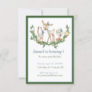Invitation Fête d'anniversaire bébé cerf aquarelle mignonne