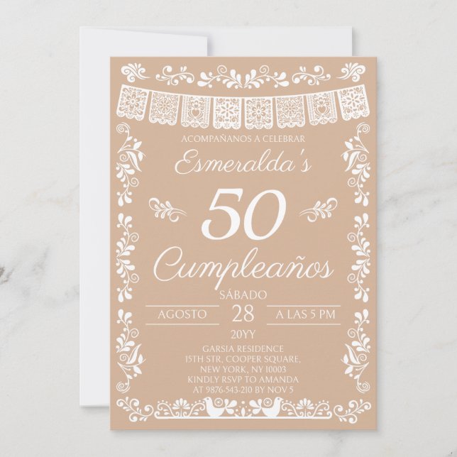 Invitation Fête d'anniversaire beige 50 ans (Devant)