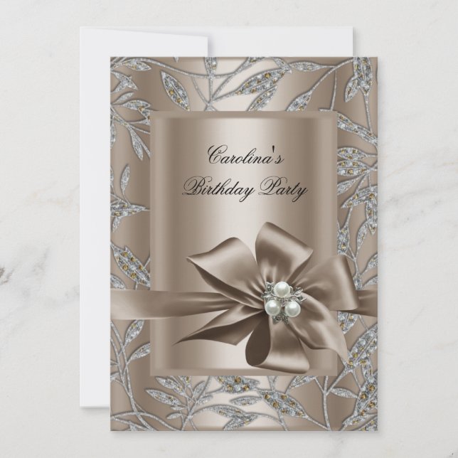 Invitation Fête d'anniversaire beige argent perle damas 2 (Devant)