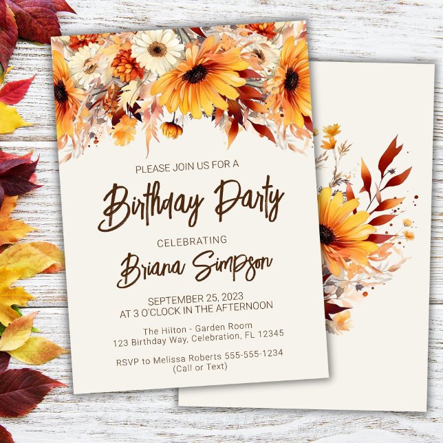 Invitation Fête d'anniversaire beige Floral d'automne (Créateur téléchargé)
