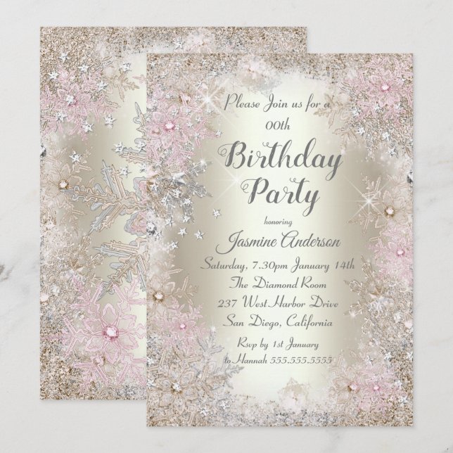 Invitation Fête d'anniversaire Beige or rose Fête d'hiver (Devant / Derrière)