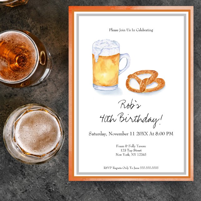 Invitation Fête d'anniversaire bière et bretzel à l'aquarelle (Get ready to raise your 'foamy' glasses! Watercolor foam beer & pretzel birthday invite promises.)