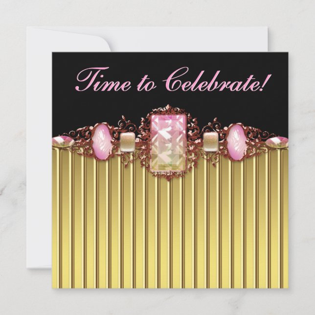 Invitation Fête d'anniversaire Bijoux Rose Noir Or (Devant)