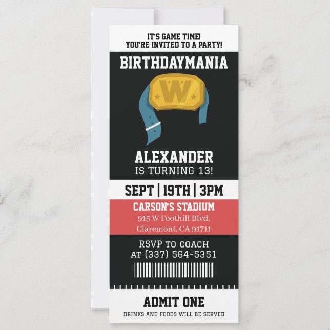 Invitation Fête d'anniversaire billet de catch (Devant)