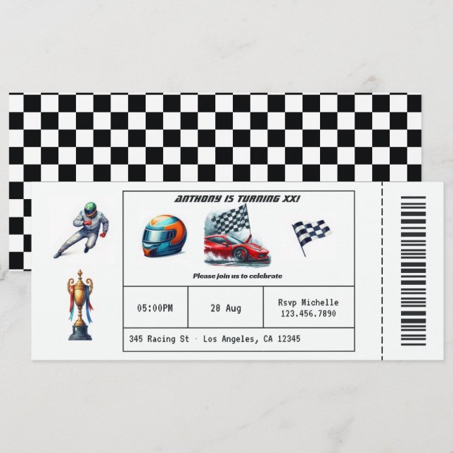 Invitation Fête d'anniversaire Billet de Voiture de Course (Devant / Derrière)