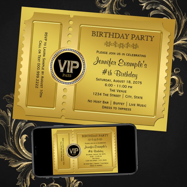 Invitation Fête d'anniversaire billet VIP élégant or (Any number or event - add your own text. Instant download and printed invitations available. )
