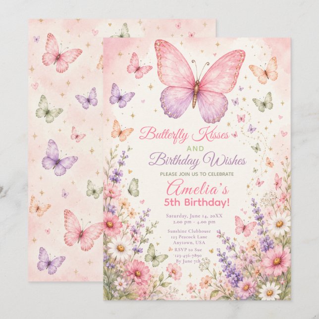 Invitation Fête d'anniversaire Bisous de papillon (Devant / Derrière)