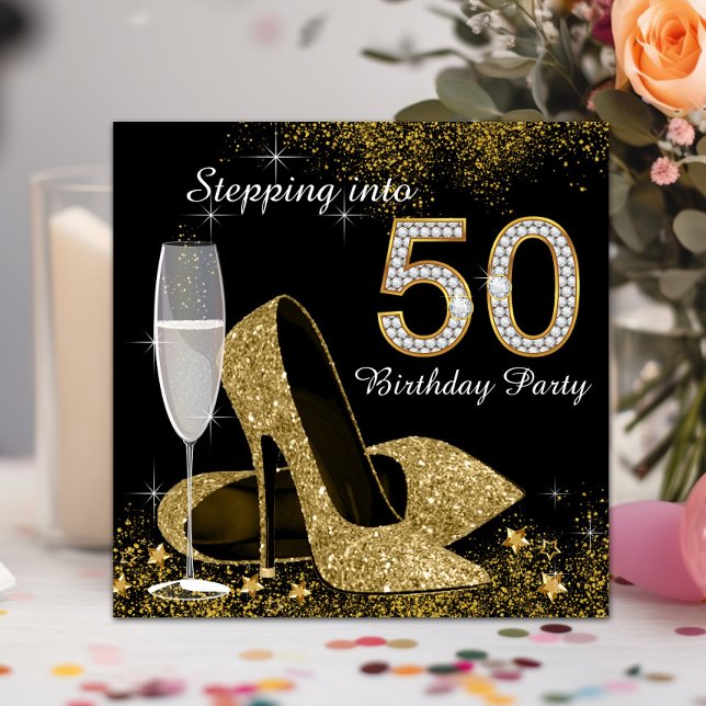 Invitation Fête d'anniversaire Black and Gold pour les 50 ans (Beautiful black and gold Stepping into 50th birthday invitation. Simply add your event details.)
