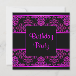 Invitation Fête d'anniversaire Black Damask Rose Chaud Violet
