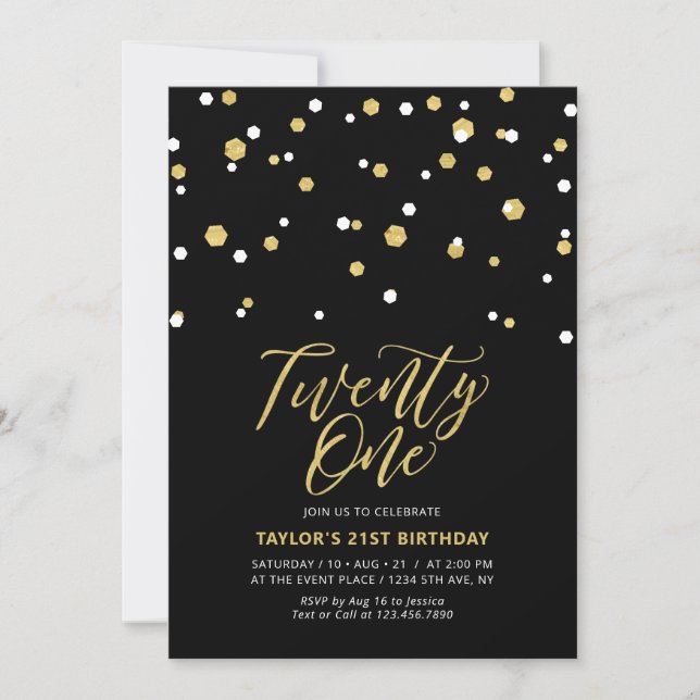 Invitation Fête d'anniversaire Black & Gold Simple Twenty One (Devant)