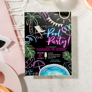 Invitation Fête d'anniversaire Black Neon Glow Watercolor Pis
