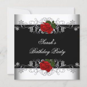 Invitation Fête d'anniversaire Black Red Rose Fleurs blanches