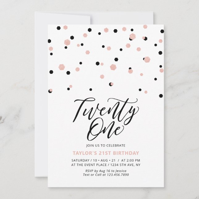 Invitation Fête d'anniversaire Black & Rose Gold Twenty One 2 (Devant)