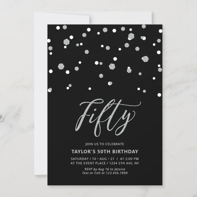 Invitation Fête d'anniversaire Black & Silver Confetti Fifty  (Devant)
