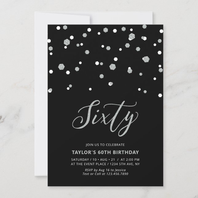 Invitation Fête d'anniversaire Black & Silver Confetti Soixan (Devant)