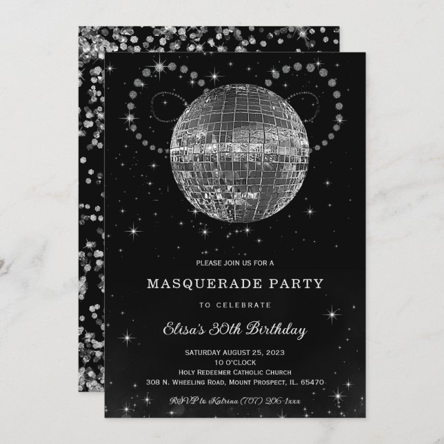 Invitation Fête d'anniversaire Black Silver Disko (Devant / Derrière)