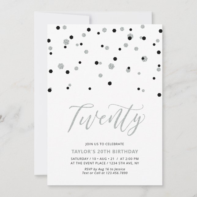 Invitation Fête d'anniversaire Black & Silver Simple Twenty 2 (Devant)