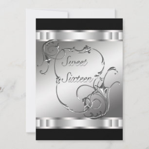 Invitation Fête d'anniversaire Black Silver Sweet Sixteen