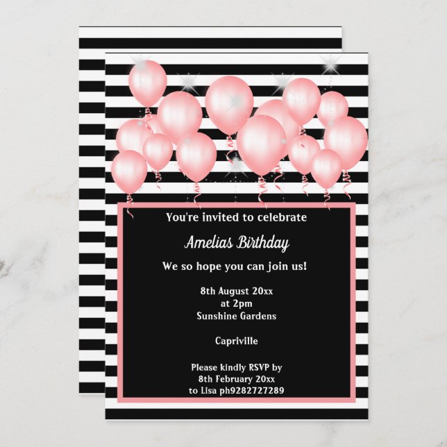 INVITATION FÊTE D'ANNIVERSAIRE BLACK STRIPE PINK 2 BALLOON (Devant / Derrière)
