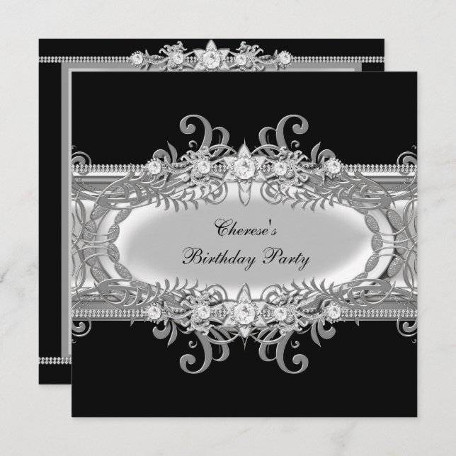 Invitation Fête d'anniversaire Black White Silver Jewel Image (Devant / Derrière)
