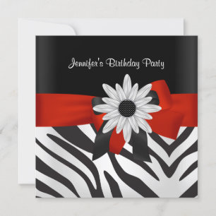 Invitation Fête d'anniversaire Black Zebra Fleur rouge